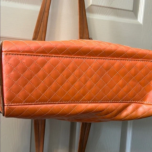 Consuela Orange Quilted Tote with Brown  Leather Accents, patent coated - Picture 7 of 10